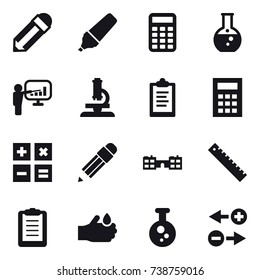 16 vector icon set : pencil, marker, calculator, round flask, presentation, microscope, clipboard, school, ruler