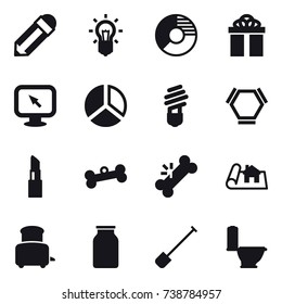 16 vector icon set : pencil, bulb, circle diagram, gift, monitor arrow, diagram, hex molecule, lipstick, bone, project, toaster, shovel, toilet