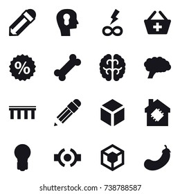 16 vector icon set : pencil, bulb head, infinity power, add to basket, percent, bridge, 3d, smart house, bulb, eggplant