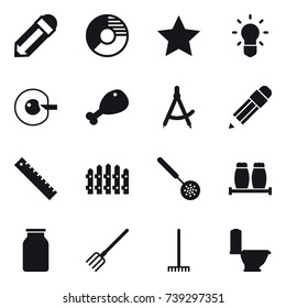 16 vector icon set : pencil, circle diagram, star, bulb, cell corection, chicken leg, draw compass, ruler, fence, skimmer, fork, rake, toilet
