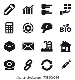 16 vector icon set : pencil, diagram, gift, calculator, around gear, brain, bio, box, mail, pool, home, reload, syringe