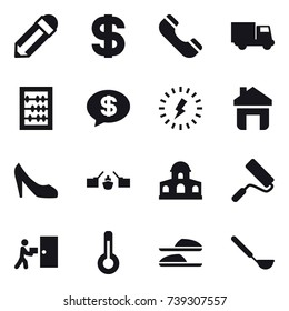 16 vector icon set : pencil, dollar, phone, truck, abacus, money message, lightning, home, shoes, drawbridge, mansion, repair, thermometer, slippers, ladle