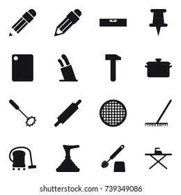 16 vector icon set : pencil, level, cutting board, stands for knives, pan, whisk, rolling pin, rake, vacuum cleaner, plunger, toilet brush, iron board