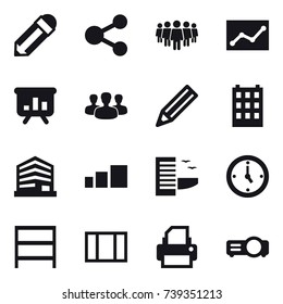 16 vector icon set : pencil, share, team, statistic, presentation, group, building, hotel, watch, rack, window