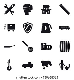 16 Vector Icon Set : Pencil Wrench, Virtual Mask, Japanese House, Ruler, Shield, Kettle, Pan, Skimmer, Barrel, Thermometer, Pickup, Spot, Toilet Cleaning