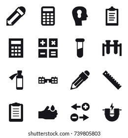16 vector icon set : pencil, calculator, bulb head, clipboard, school, ruler