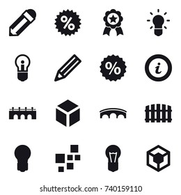 16 vector icon set : pencil, percent, medal, bulb, info, bridge, 3d, fence