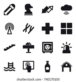 16 vector icon set : pencil, chess horse, up down arrow, cloud wireless, antenna, window, stairs, restaurant, safe, alarm, pool, barn