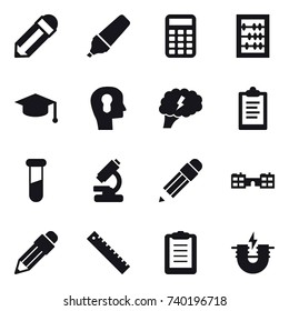 16 vector icon set : pencil, marker, calculator, abacus, graduate hat, bulb head, brain, clipboard, school, ruler