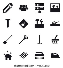 16 vector icon set : pencil, group, server, tools, nail, under construction, repair tools, soil cutter, shovel, rake, vacuum cleaner, house cleaning, clothespin, brush, iron