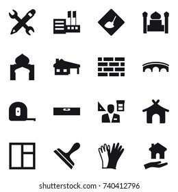 16 vector icon set : pencil wrench, store, under construction, minaret, house with garage, brick wall, bridge, measuring tape, level, architector, bungalow, window, scraper, gloves, housing