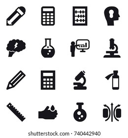 16 vector icon set : pencil, calculator, abacus, bulb head, brain, round flask, presentation, microscope, ruler