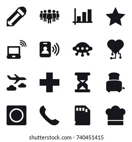 16 vector icon set : pencil, team, graph, star, notebook wireless, pass card, ufo, cardio chip, journey, toaster, ring button, cook hat
