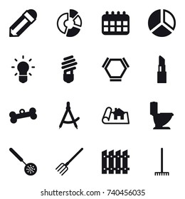 16 vector icon set : pencil, circle diagram, calendar, diagram, bulb, hex molecule, lipstick, bone, draw compass, project, toilet, skimmer, fork, fence, rake