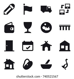 16 vector icon set : pencil, flag, truck, notebook connect, wallet, wineglass, bridge, door, bungalow, home, mortar, goose
