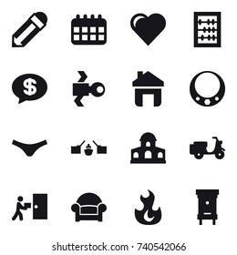 16 Vector Icon Set : Pencil, Calendar, Heart, Abacus, Money Message, Satellite, Home, Necklace, Underpants, Drawbridge, Mansion, Armchair, Hive