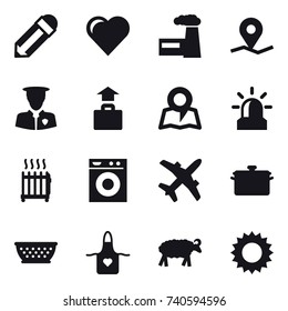 16 vector icon set : pencil, heart, factory, baggage, map, alarm, radiator, washing machine, pan, kolander, apron, sheep, sun