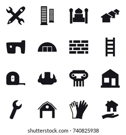 16 vector icon set : pencil wrench, skyscrapers, minaret, houses, slum, hangare, brick wall, stairs, measuring tape, building helmet, antique column, home, barn, gloves, housing