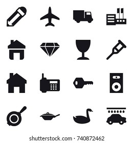 16 vector icon set : pencil, plane, truck, store, home, diamond, wineglass, key, speaker, pan, goose, car wash