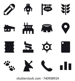 16 vector icon set : pencil, jet robot, shop signboard, house with garage, factory, stadium, aquapark, handwheel, cutting board, pets