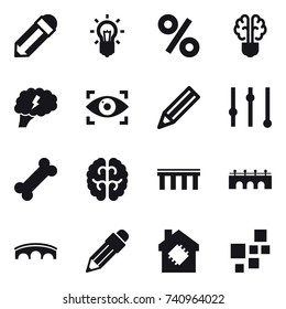 16 vector icon set : pencil, bulb, percent, bulb brain, brain, eye identity, equalizer, bridge, smart house