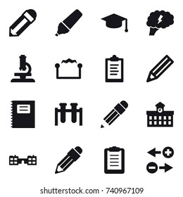 16 vector icon set : pencil, marker, graduate hat, brain, microscope, electrostatic, clipboard, copybook, university, school