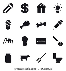 16 vector icon set : pencil, dollar, gift, bulb, chicken leg, bone, project, welcome mat, skimmer, cow, fork, toilet