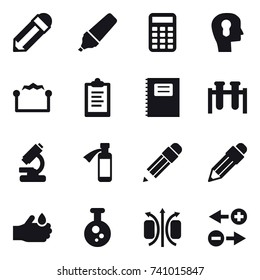 16 vector icon set : pencil, marker, calculator, bulb head, electrostatic, clipboard, copybook