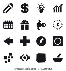 16 vector icon set : pencil, dollar, bulb, diagram, calendar, gift, satellite, lightning, left arrow, electricity, ring button, mortar