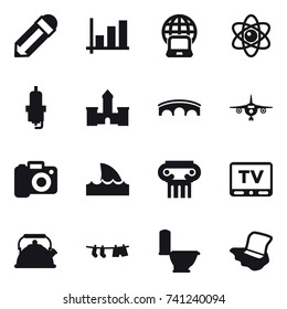 16 vector icon set : pencil, graph, notebook globe, atom, spark plug, castle, bridge, plane, camera, shark flipper, antique column, tv, kettle, drying clothe, toilet, floor washing
