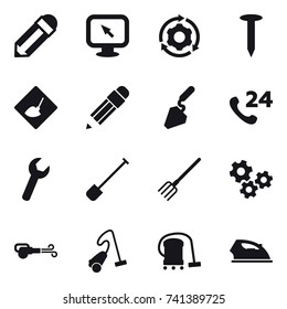 16 vector icon set : pencil, monitor arrow, around gear, nail, under construction, construction, shovel, fork, gears, blower, vacuum cleaner, iron