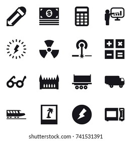 16 Vector Icon Set : Pencil, Money, Calculator, Presentation, Lightning, Nuclear, Laser, Gothic Architecture, Train, Photo, Electricity