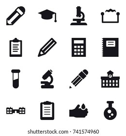 16 vector icon set : pencil, graduate hat, microscope, electrostatic, clipboard, calculator, copybook, university, school