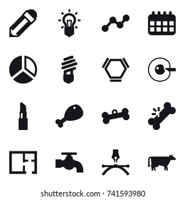 16 vector icon set : pencil, bulb, graph, calendar, diagram, hex molecule, cell corection, lipstick, chicken leg, bone, plan, water tap, cow