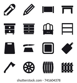 16 vector icon set : pencil, fence, table, nightstand, chest of drawers, dresser, rack, cutting board, axe, wheel, barrel