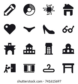 16 vector icon set : pencil, circle diagram, chip, home, heart, underpants, shoes, arch, cottage, building, mansion, wardrobe, hanger, stool