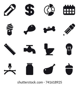 16 vector icon set : pencil, dollar, circle diagram, calendar, bulb, chicken leg, bone, ruler, water tap, toilet, acorn
