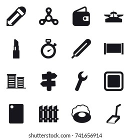 16 vector icon set : pencil, spinner, wallet, scales, lipstick, stopwatch, fence, district, signpost, cutting board, soap, scoop