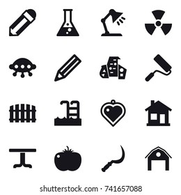 16 Vector Icon Set : Pencil, Flask, Table Lamp, Nuclear, Ufo, Modern Architecture, Repair, Fence, Pool, Heart Pendant, Home, Table, Sickle, Barn