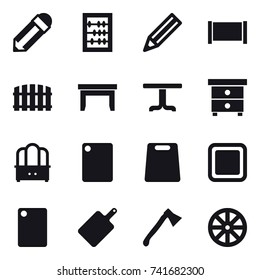 16 vector icon set : pencil, abacus, fence, table, nightstand, dresser, cutting board, axe, wheel