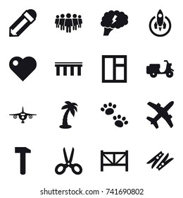 16 vector icon set : pencil, team, brain, rocket, heart, bridge, window, plane, palm, pets, scissors, farm fence, clothespin