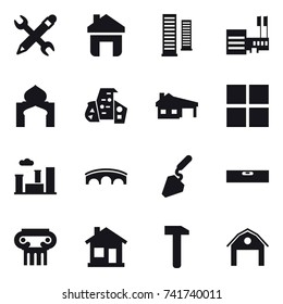 16 vector icon set : pencil wrench, home, skyscrapers, mall, minaret, modern architecture, house with garage, window, city, bridge, construction, level, antique column, barn