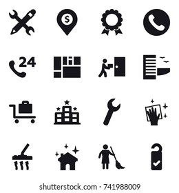 16 vector icon set : pencil wrench, dollar pin, medal, phone, hotel, baggage trolley, wiping, vacuum cleaner, house cleaning, brooming, please clean