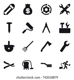16 vector icon set : pencil, money bag, around gear, pencil wrench, nail, repair, drawing compass, repair tools, fork, axe, wrench, pruner, vacuum cleaner, brush