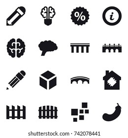 16 vector icon set : pencil, bulb brain, percent, info, bridge, 3d, smart house, fence, eggplant