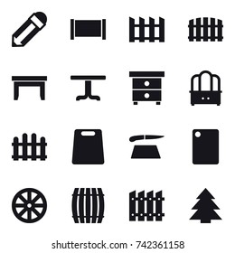 16 vector icon set : pencil, fence, table, nightstand, dresser, cutting board, wheel, barrel, spruce