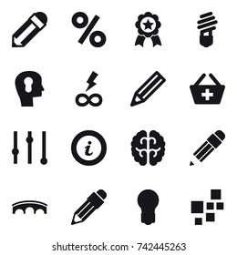 16 vector icon set : pencil, percent, medal, bulb, bulb head, infinity power, add to basket, equalizer, info, bridge