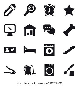 16 vector icon set : pencil, dollar magnifier, alarm clock, star, monitor arrow, warehouse, discussion, check in, bed, washing machine, stairs, walnut crack, vacuum cleaner, toilet brush