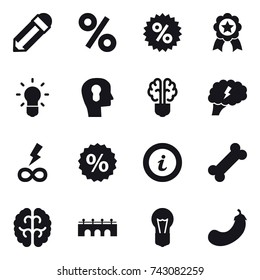 16 vector icon set : pencil, percent, medal, bulb, bulb head, bulb brain, brain, infinity power, info, bridge, eggplant