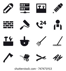 16 vector icon set : pencil, server, tools, brick wall, repair, repair tools, fork, rake, axe, wheelbarrow, pruner, clothespin